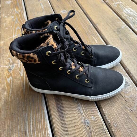 Timberland Skyla Bay 6 Inch Boot Black Leather Cheetah Calfskin Women's Size 10 - Picture 2 of 12